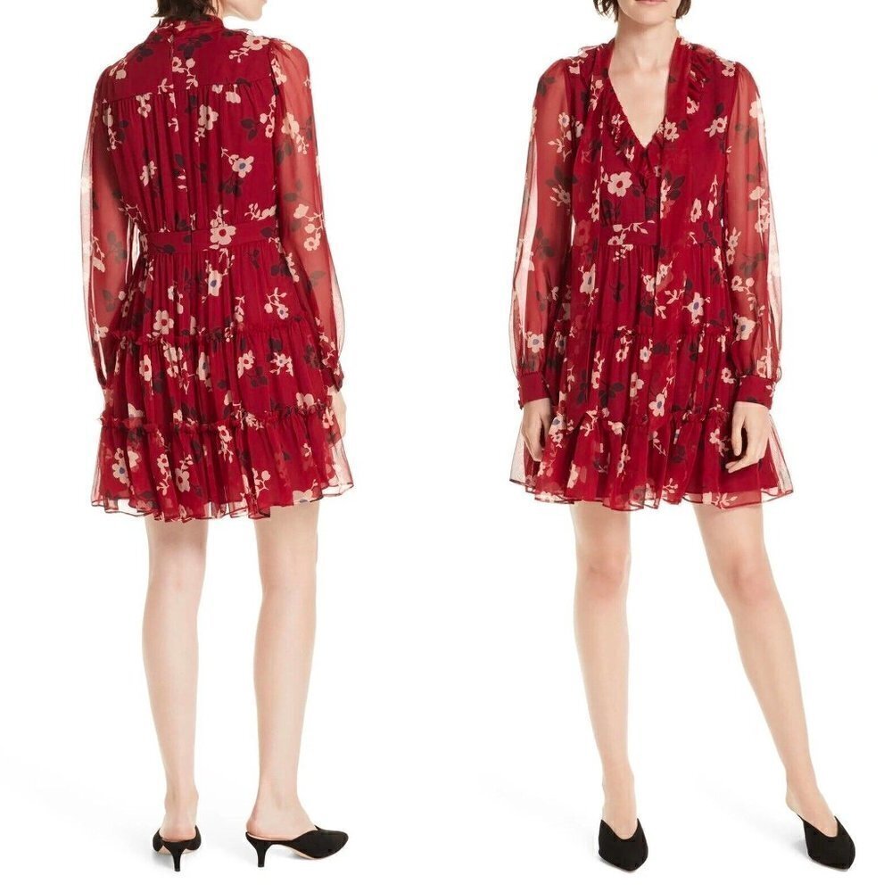 Kate Spade Size 0 Camelia Silk Chiffon Mini A-line Dress Red Floral Long Sleeve